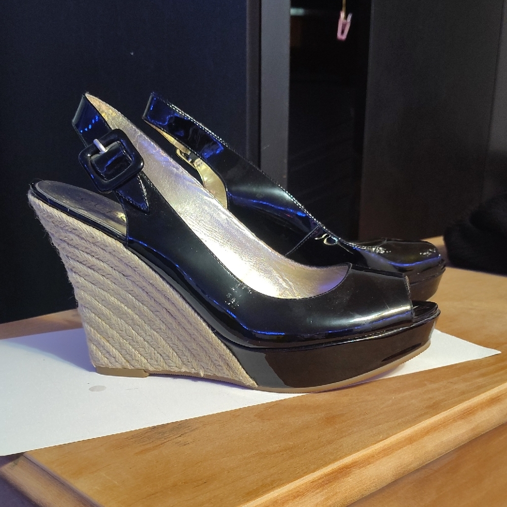 Guess by Marciano Black and Tan Wedge Sandals